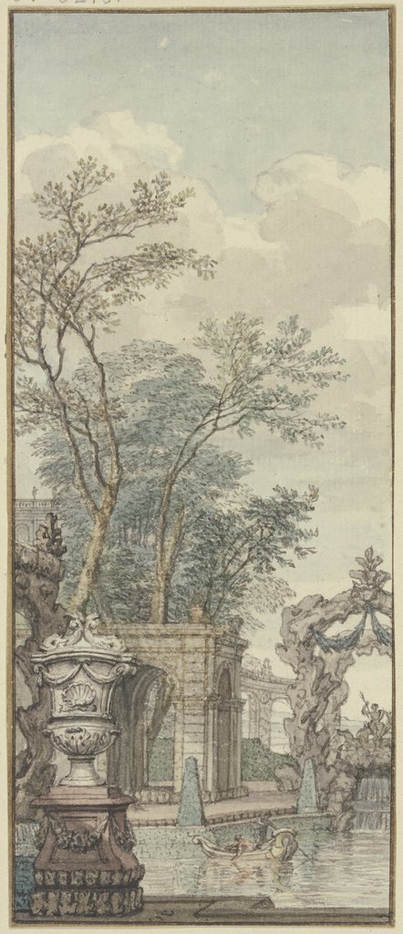 Panneau, Parkansicht mit Wasserwerken und künstlichem Felsen, Isaac de Moucheron