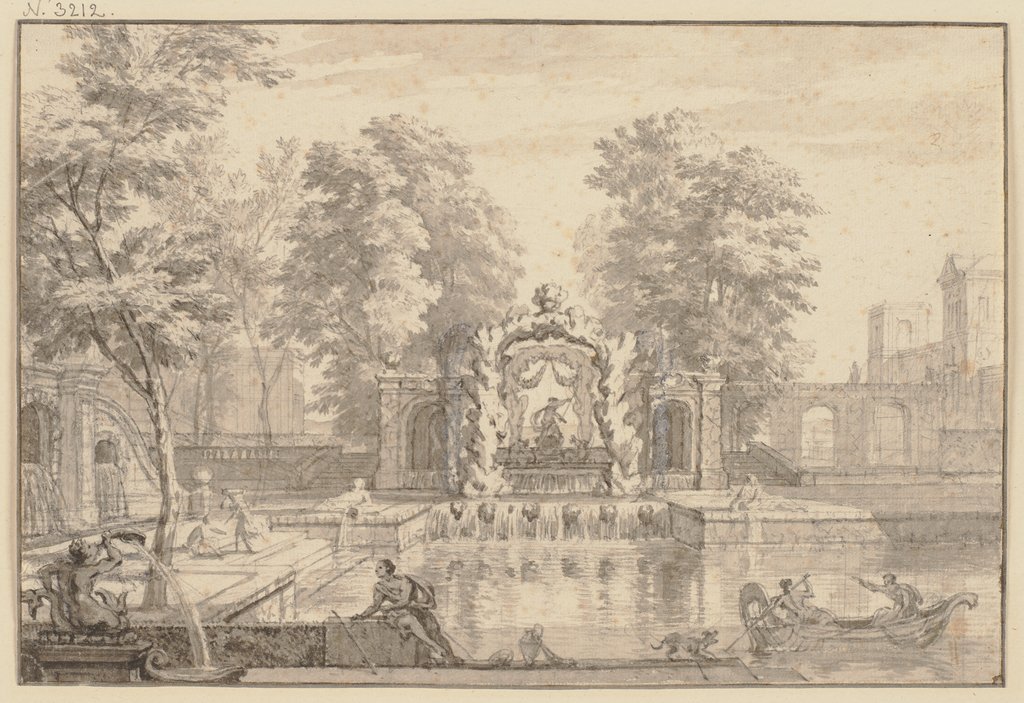 Wasserkunst in einem Park, in der Mitte ein künstliches Felsentor mit einem Neptun, rechts auf dem Teich eine Gondel, Isaac de Moucheron