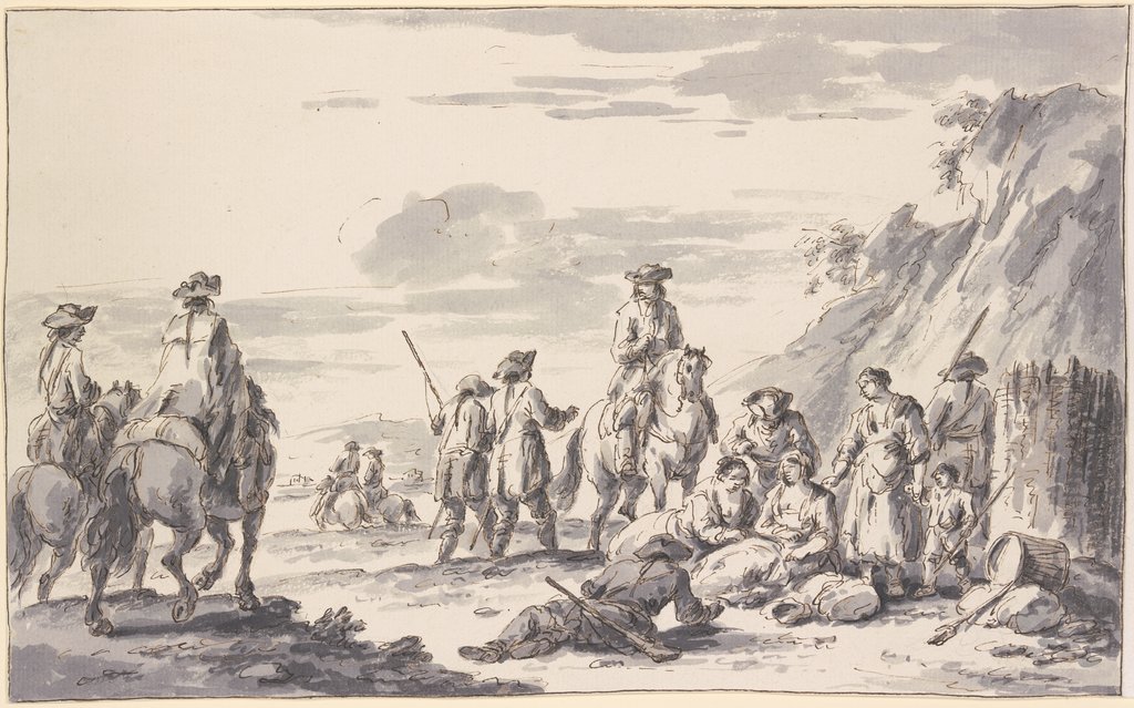 Soldaten zu Pferde und zu Fuß bei einem Schanzkorbe mit Frauen und Kindern, Charles Parrocel