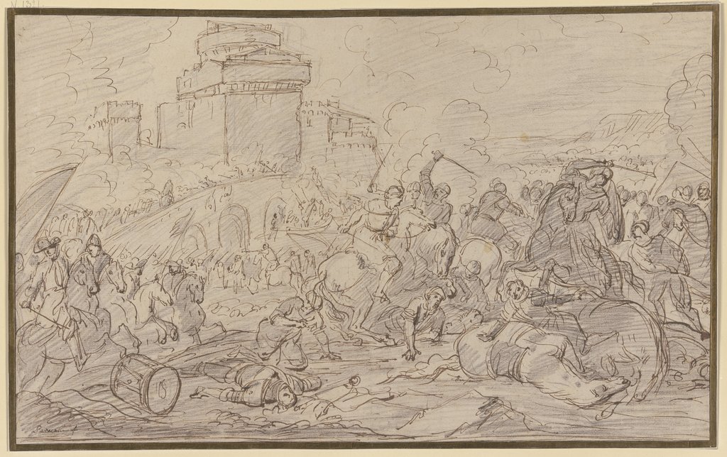 Reitergefecht vor einer Brücke, die auf eine Burg zuführt, Charles Parrocel