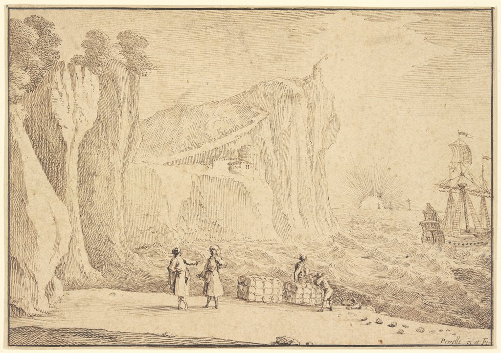 Meeresstrand an hohen Felsenufern, auf welchem ein Leuchtturm und ein Schloß stehen, vorne fünf Personen und zwei Warenballen, Gabriel Perelle