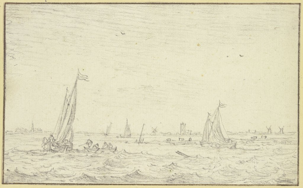 Bewegte See mit vielen Barken, im Hintergrund Ufer mit Windmühlen, Jan Porcellis;   ?