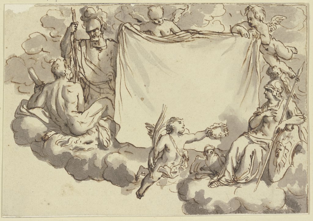 Amoretten halten ein Tuch, rechts Minerva, links Herkules und Mars, Bernard Picart