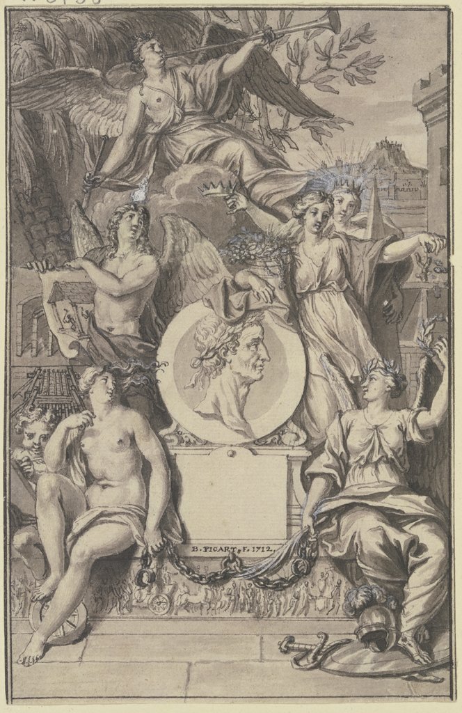 Abundantia hält das Medaillon eines mit Lorbeer gekrönten Mannes, oben schwebt ein Faun, Bernard Picart