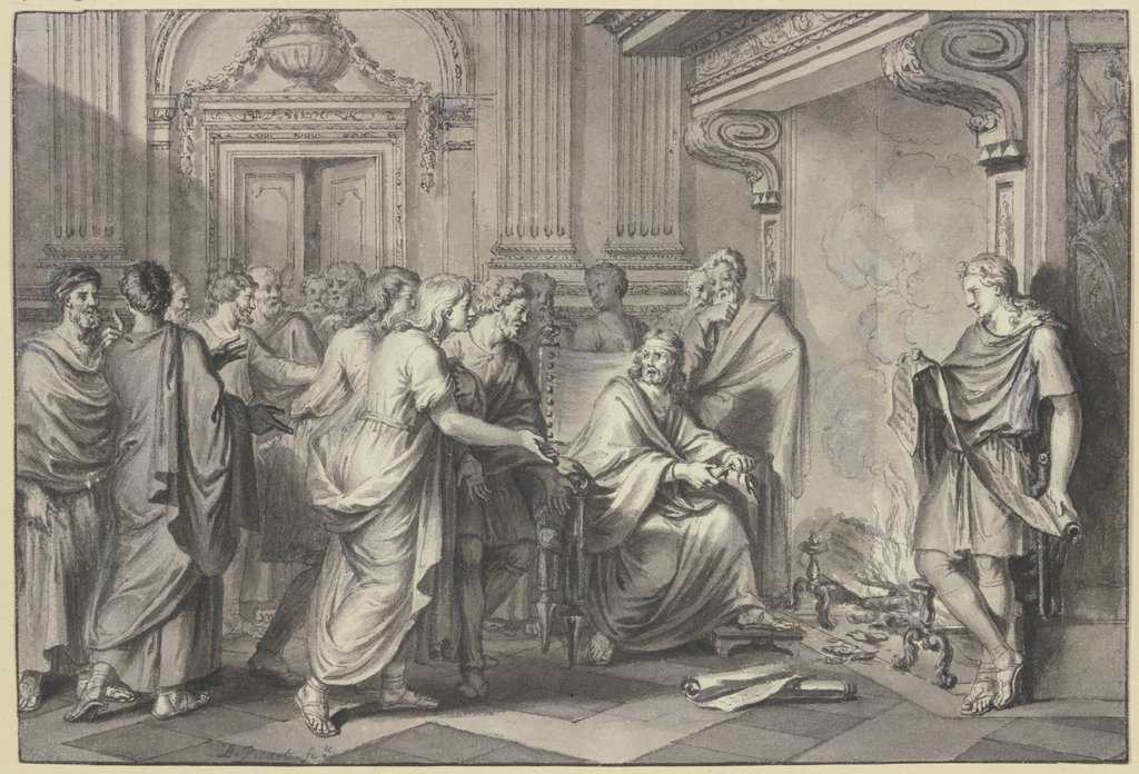 Ein Römer wirft in Gegenwart vieler Personen Papierrollen ins Feuer, Bernard Picart