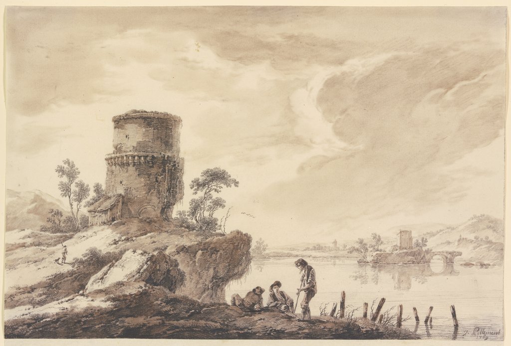 Flußgegend, im Vordergrund ein runder, im Mittelgrund auf einer Insel ein viereckiger Turm, mit Ruinen einer Brücke, Jean Pillement