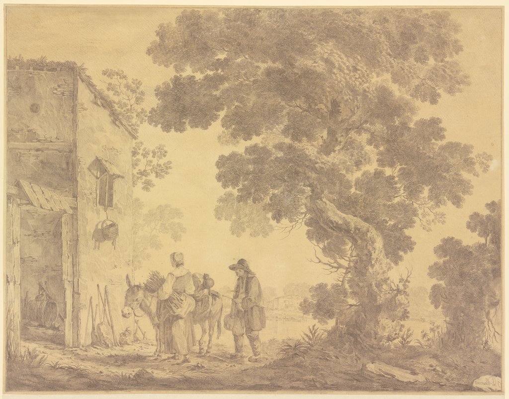 Vor einem Hause unter einem großen Baume ein Mann und eine Frau mit einem Esel, Jean Pillement