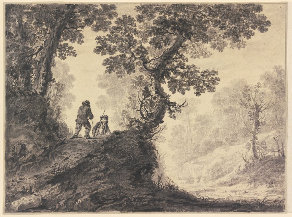 Waldlandschaft, links auf einer Anhöhe zwei Wanderer, Jean Pillement