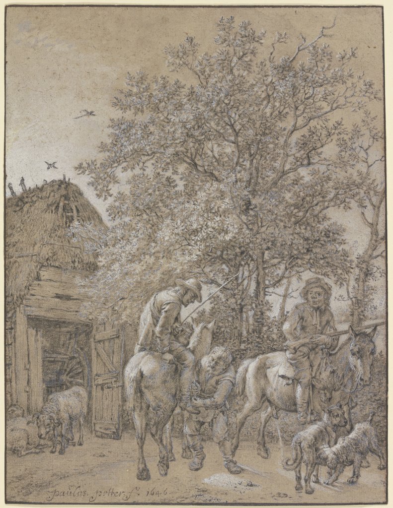 Vor einer Hütte halten zwei Reiter, Paulus Potter