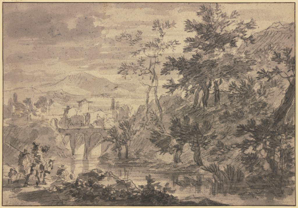 Landschaft mit einem mit Weiden bewachsenem Fluß, über welchen eine Brücke mit drei Bogen führt, vorne Reiter und Fußgänger, Adam Pynacker