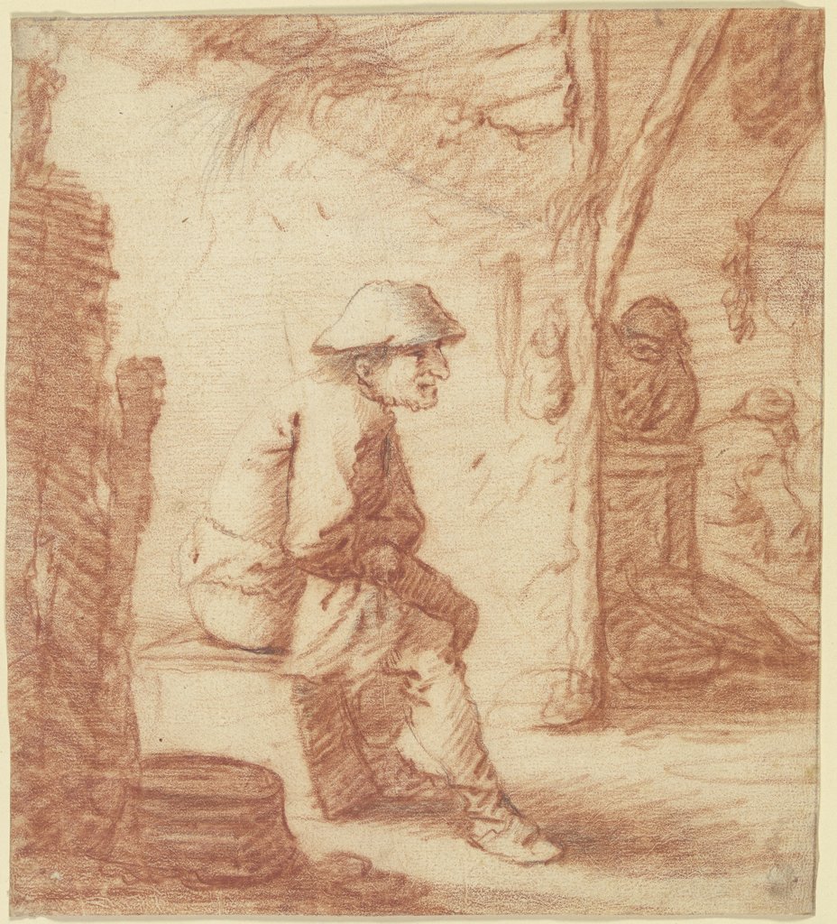 Sitzender Mann, Aussicht auf Küche mit zwei Figuren, Pieter Jansz. Quast