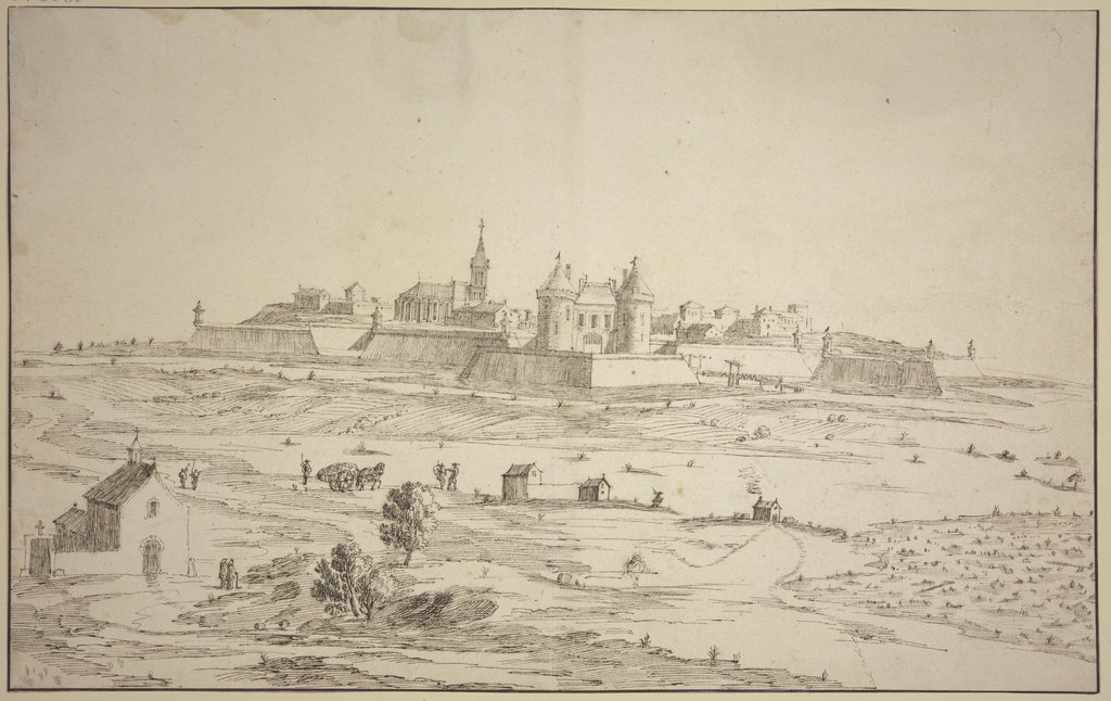 Ansicht einer befestigten Stadt, links vorne eine Kapelle, Robert van den Hoecke