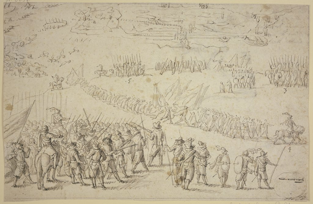 Entwurf zu einer Belagerung, vorne links halten zwei Befehlshaber in der Mitte von Schützen, im Hintergrunde sind Kanonen aufgepflanzt und ein Zug Infanterie, Robert van den Hoecke