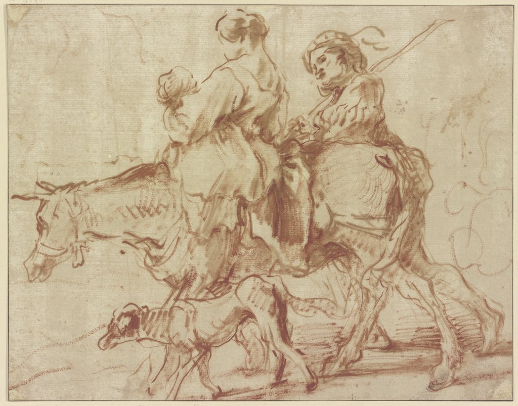 Frau mit Kind auf einem Esel reitend, ein junger Mann zu Fuß nebenher gehend, Giovanni Benedetto Castiglione