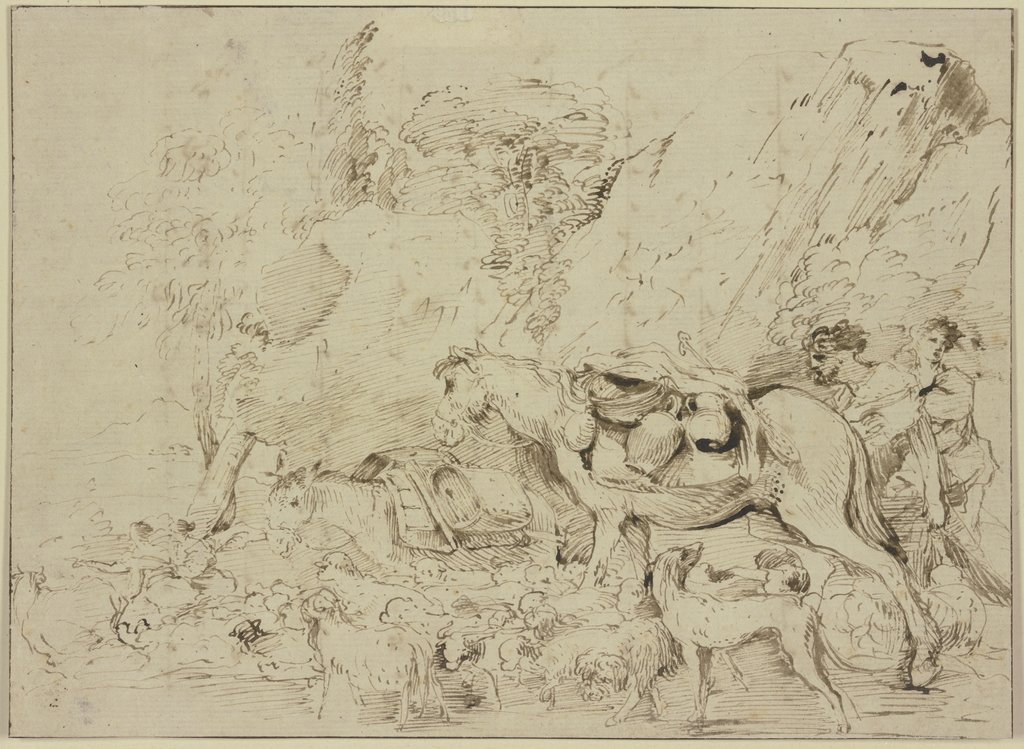 Hirten mit Pferd, Esel und Schafherde in einer Felsenlandschaft, Giovanni Benedetto Castiglione
