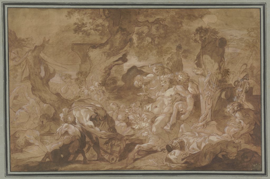 Bacchanal mit trunkenem Silen auf zusammengebrochenem Maultier bei einer Panherme sitzend, Giovanni Benedetto Castiglione;   ?