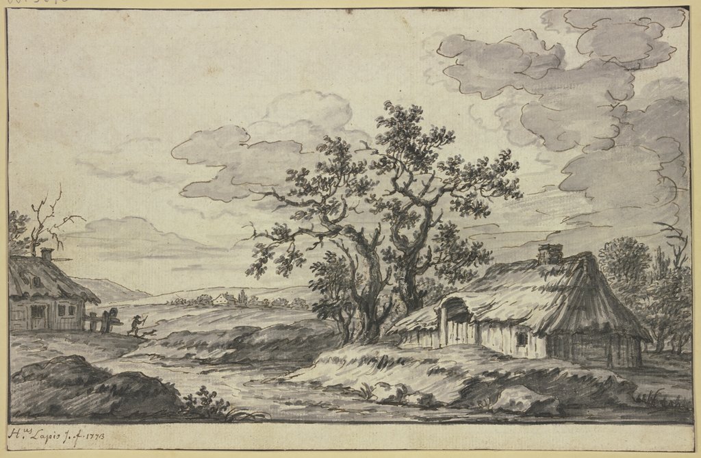 Landschaft mit Bach und zwei Hütten im Vordergrund, Hieronymus Lapis