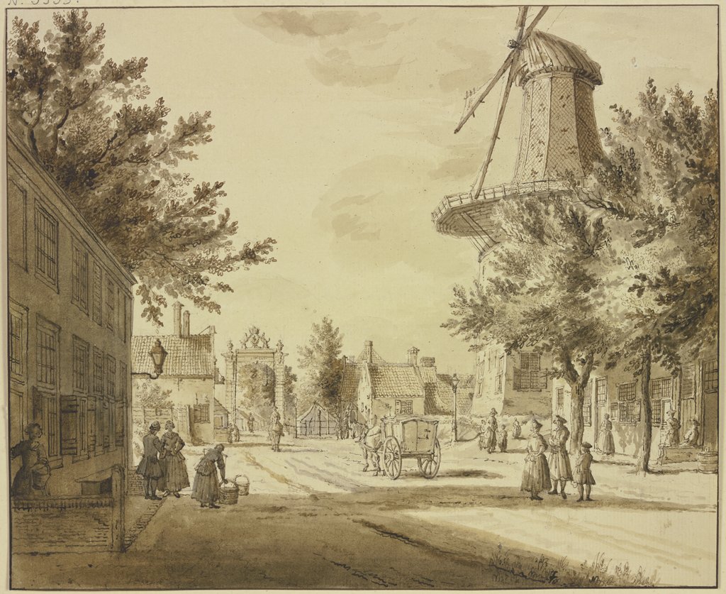 Straßenansicht bei einem Stadttor, rechts eine Windmühle, Paulus Constantijn la Fargue