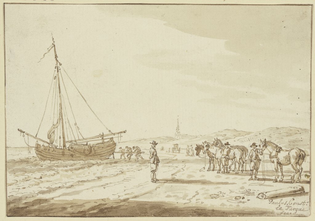 Meeresstrand, Pferde stehen bereit, ein Schiff auf das Land zu ziehen, Paulus Constantijn la Fargue