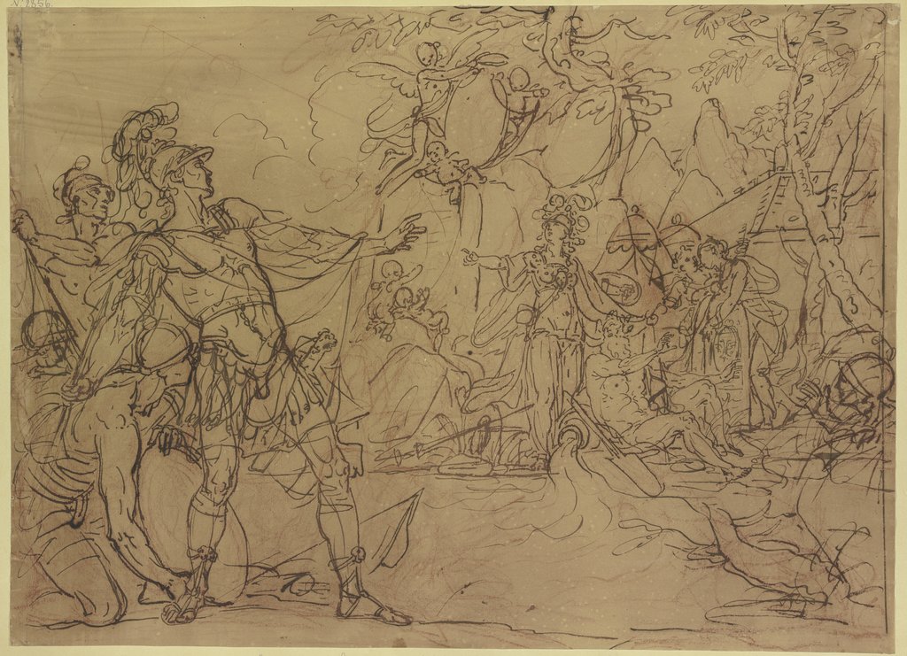 Ein junger Krieger ist im Begriff, ein Lager anzugreifen, Minerva verwehrt es ihm, sie ist umgeben von Wappen tragenden Nymphen und Amoretten, Gérard de Lairesse