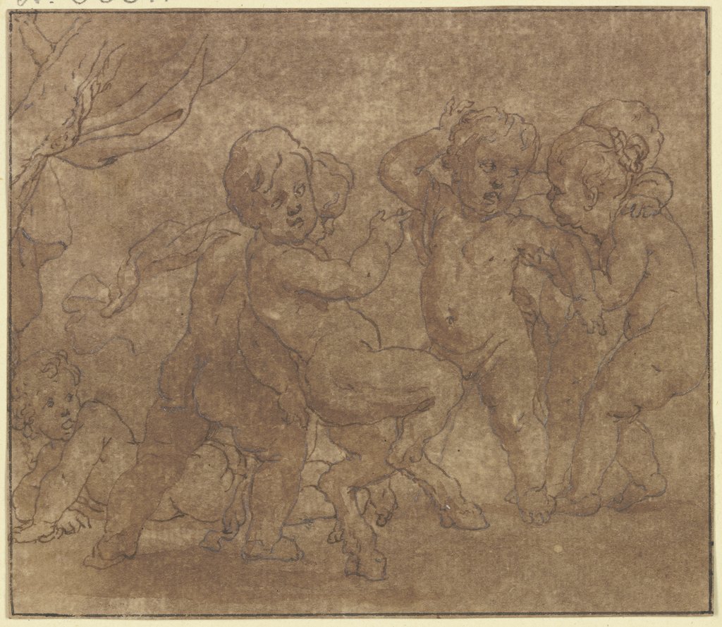 Sechs tanzende nackte Kinder, eines davon hat Ziegenfüße, Gérard de Lairesse