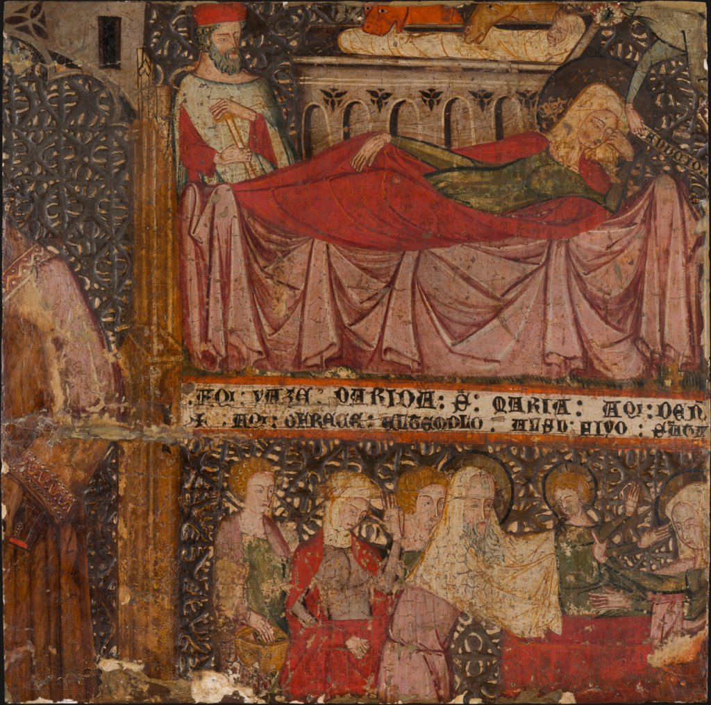 Retabel-Fragment mit stehendem Heiligen, Geburt Christi und Darstellung Christi im Tempel, Spanischer Meister der ersten Hälfte des 14. Jahrhunderts