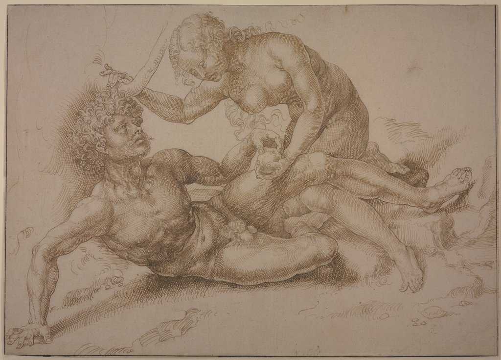 Der Sündenfall, Adam liegt auf der Erde, Eva, über ihn geneigt, gibt ihm den Apfel, Unknown, 16th century, after Jan van Gossaert gen. Mabuse