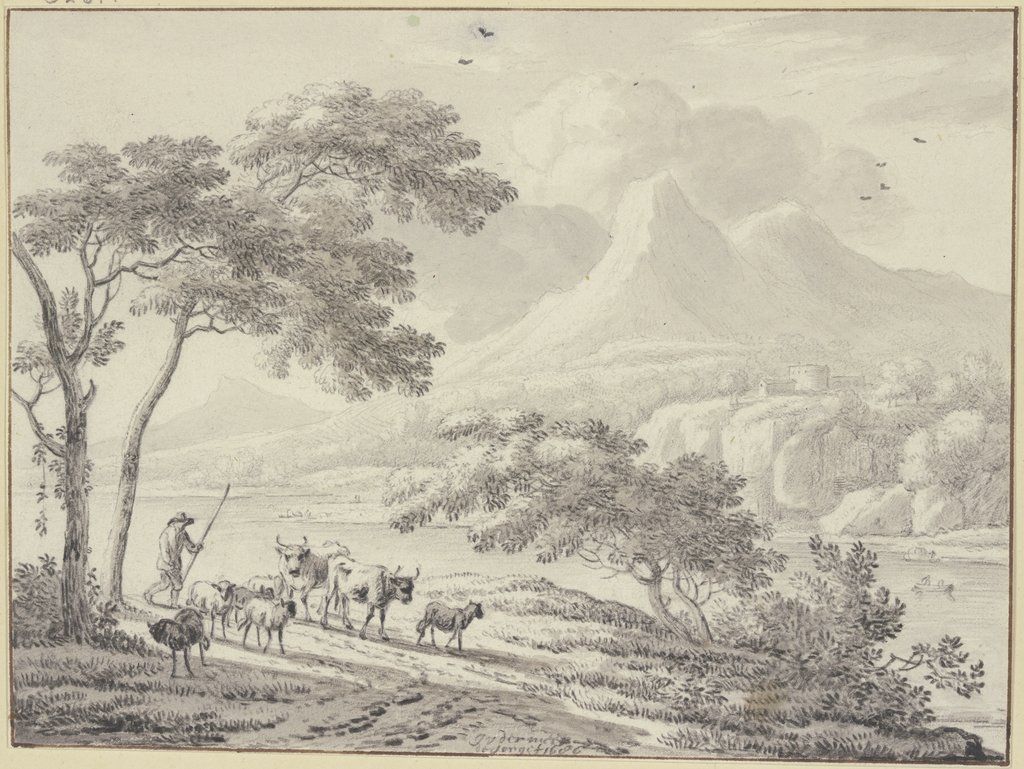 An einem Fluss hoher Gebirge, links unter einer Baumgruppe zwei Kühe und Schafe mit einem Hirten, Unknown artist