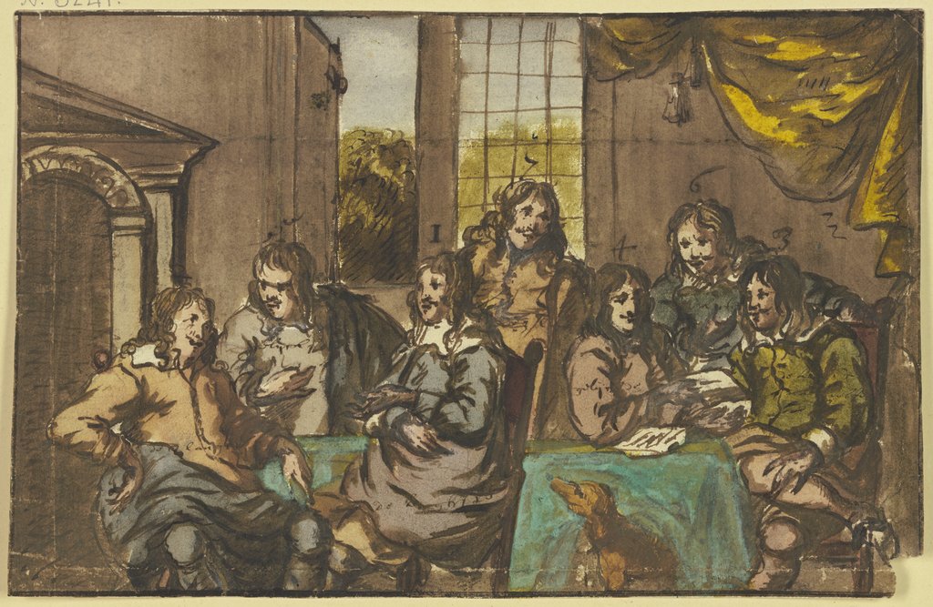Sieben Herren in einem Zimmer um einen grünen Tisch sitzend, mit Papieren beschäftigt, dabei ein Hund, Jan van Mieris