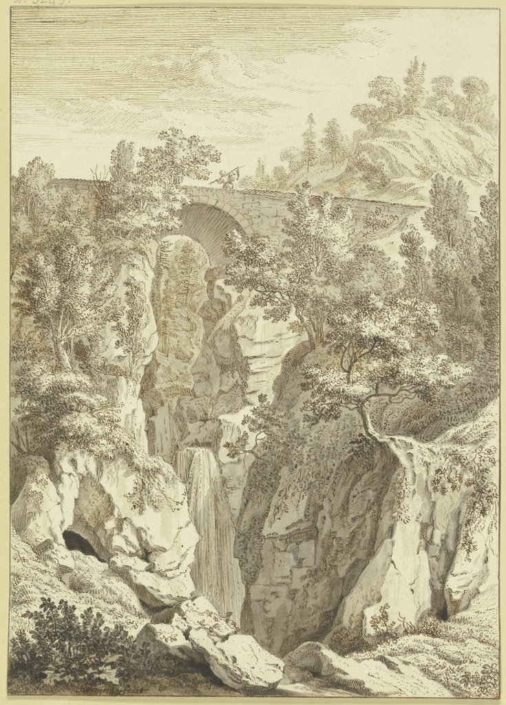 Wasserfall, über welchen eine Steinbrücke führt, Albert Meyeringh