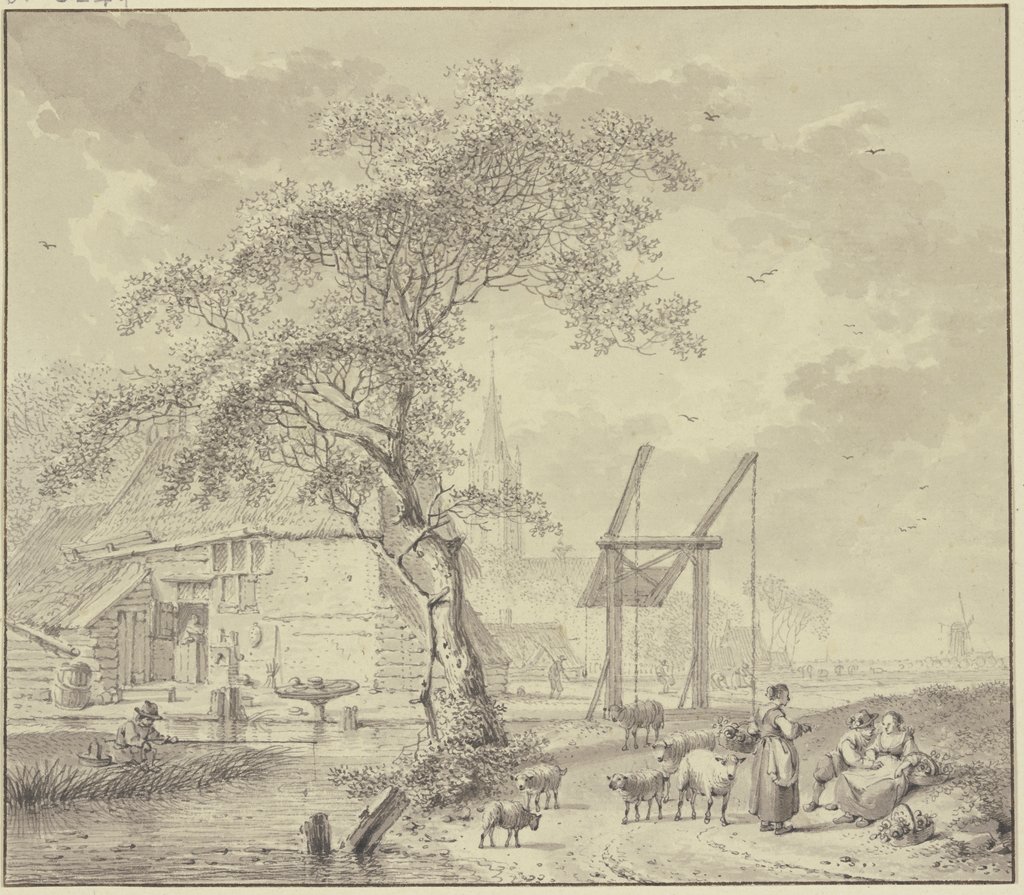 Zugbrücke über einen Kanal, Schafhirte im Vordergrund, der Hirte liebkost ein Mädchen, Hendrik Meyer