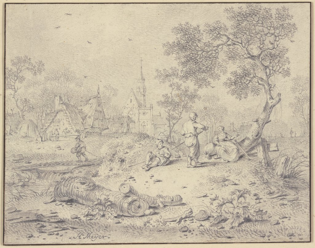 Bei einem Dorf unter einem Baum sitzt eine Frau bei einem Sack, vor ihr steht ein Mann mit einem Stock, daneben sitzt einer auf der Erde, Hendrik Meyer