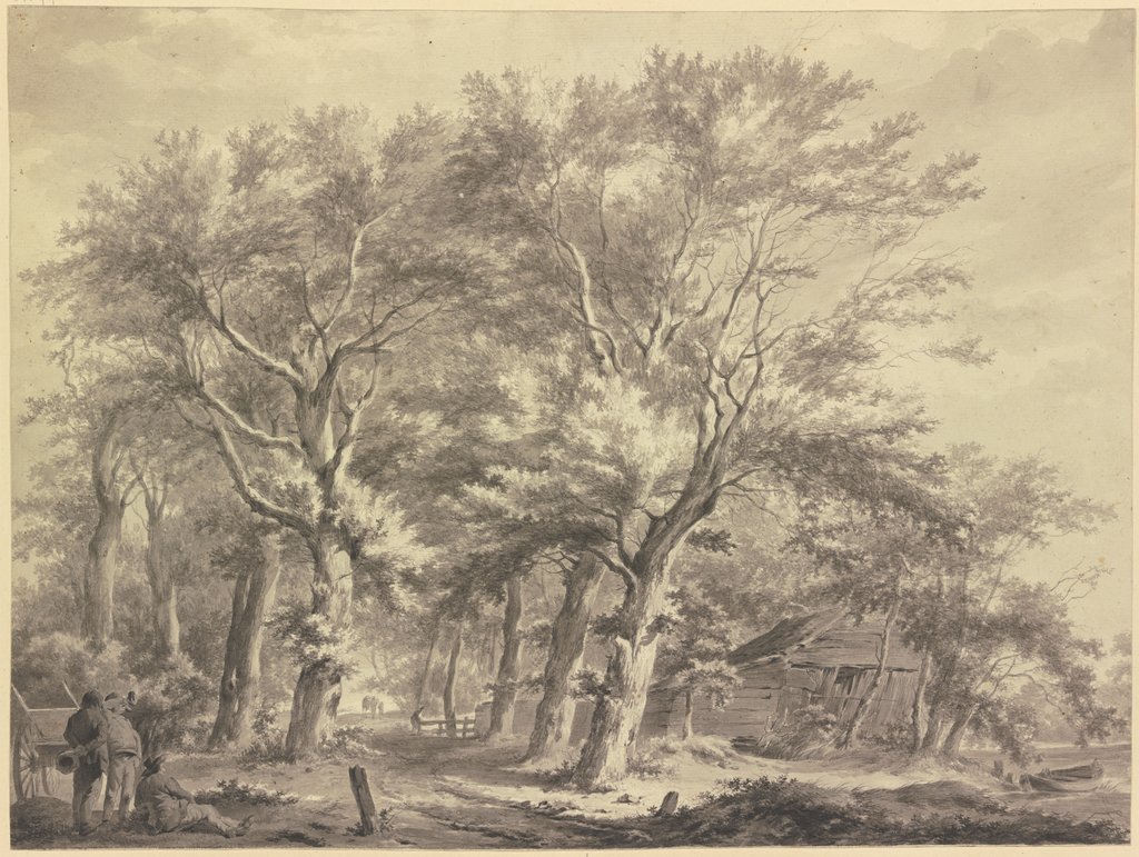 Weg durch einen Wald, rechts eine windschiefe Hütte, links drei Bauern bei einem Wagen, Franciscus Andreas Milatz