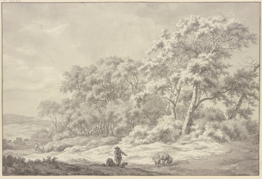 Am Waldesrand einige Schafe, vorn zwei Hirten und ein Hund, Franciscus Andreas Milatz