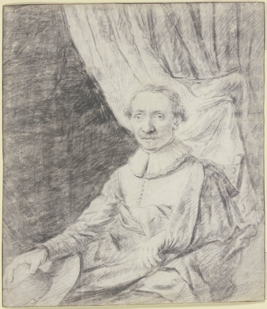 Porträt eines Mannes im Mantel, den Hut in der Hand, vor einem Vorhang sitzend, Frans van Mieris d. Ä.