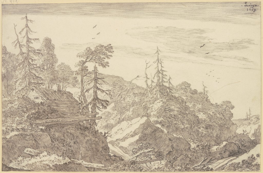 Felsige Gebirgsgegend mit Tannen, links auf einem Felsen ein Holzhaus, Pieter Molyn the Elder