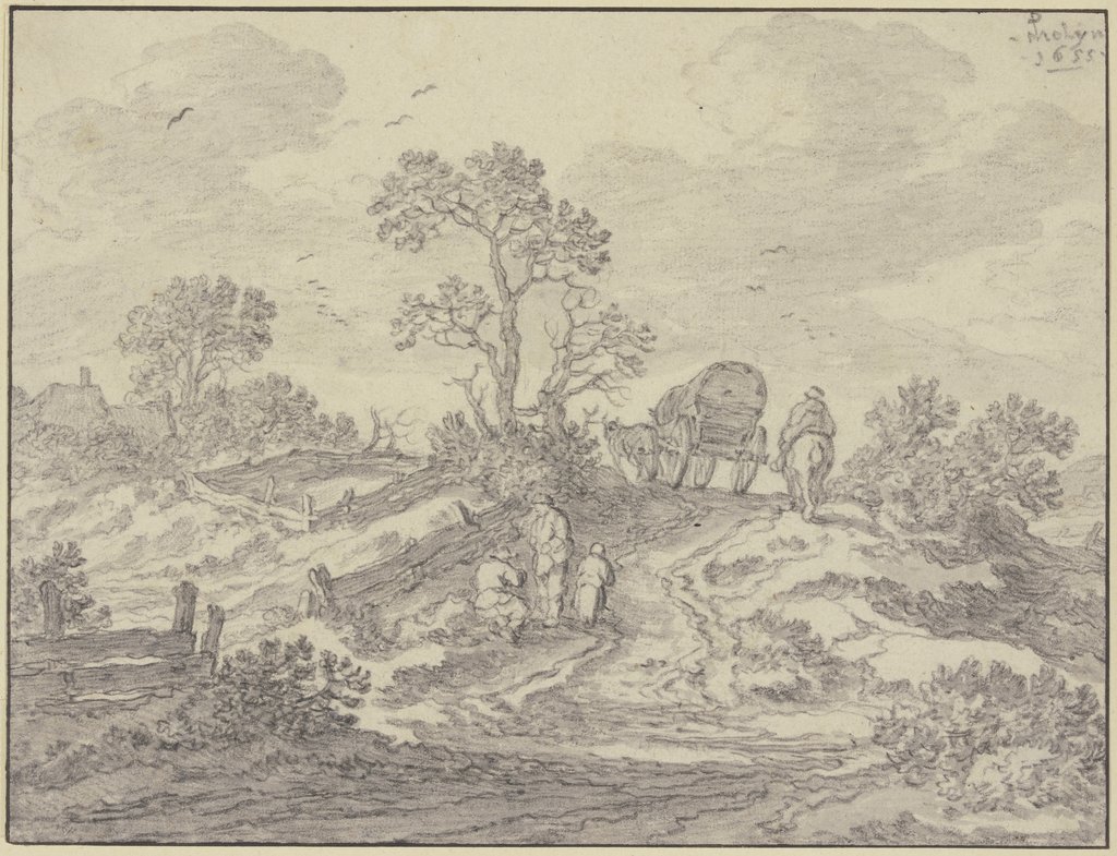 Weg über einen Hügel mit einem Wagen und einem Reiter vorn drei Figuren, Pieter Molyn d. Ä.