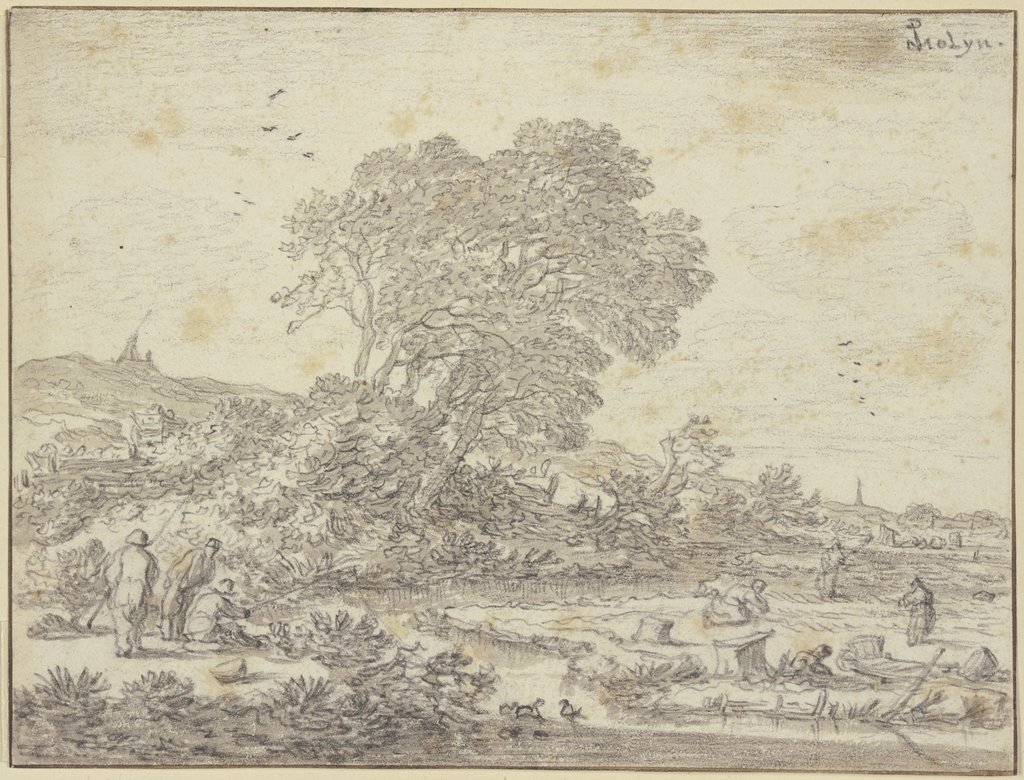 Baumpartie am Wasser, Leute sind auf dem Felde beschäftigt, links am Bach drei Angler, Pieter Molyn d. Ä.