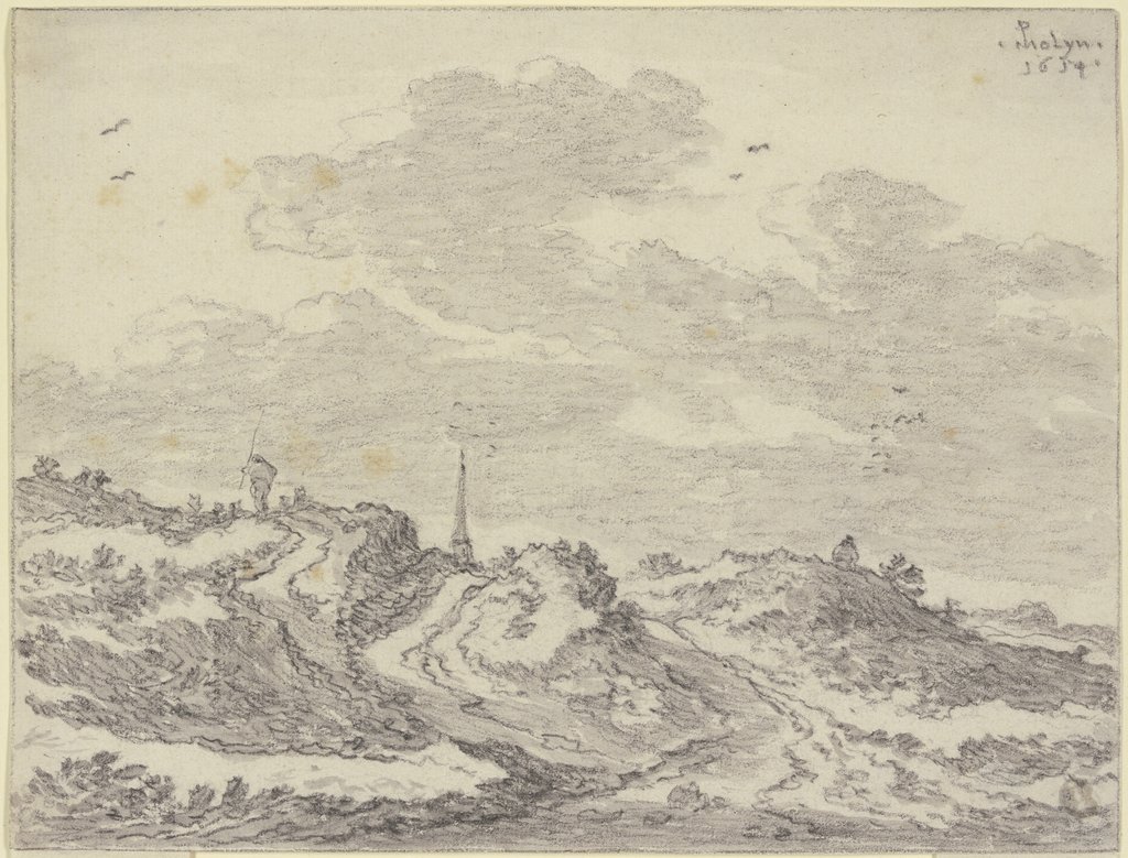Hügeliges Terrain mit Schafherde und Schäfer, in der Ferne ein Kirchturm, Pieter Molyn the Elder