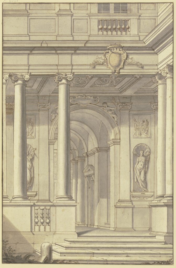 Eingang in einen Palast, oben ein leeres Wappen mit einer Krone, Giuseppe Civoli