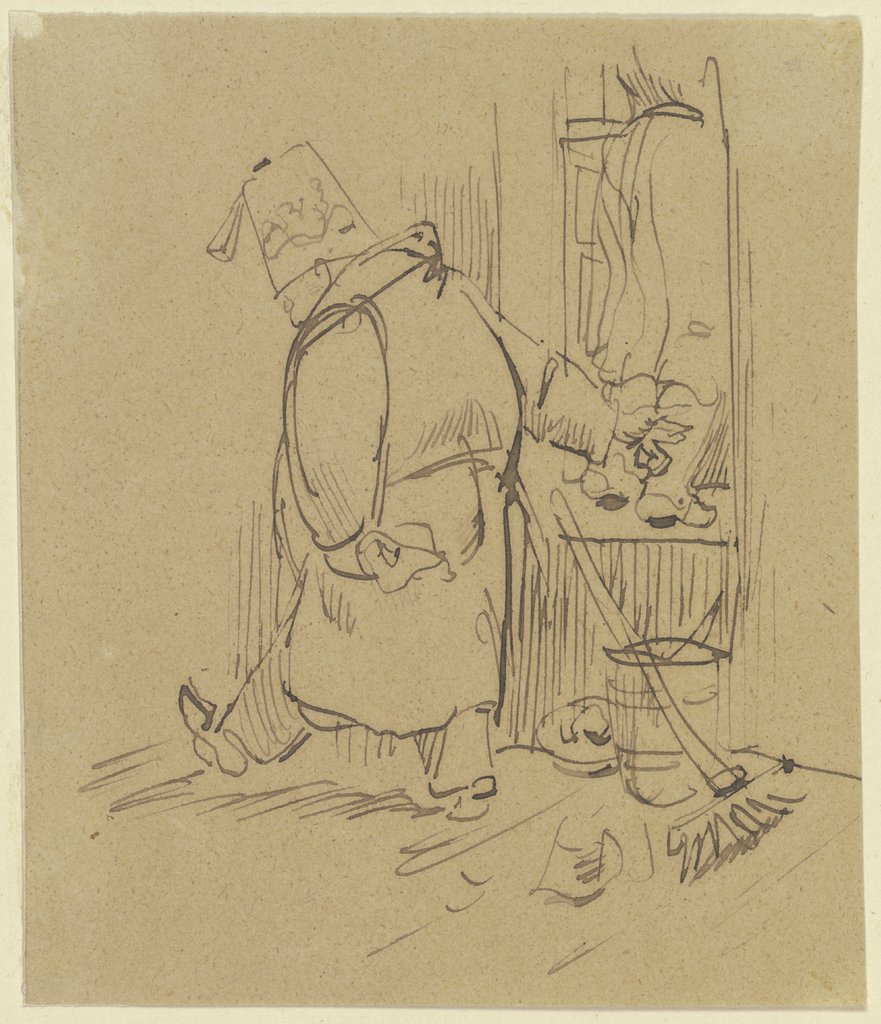 Herr Knopp stößt im Vorbeigehen seine putzende Frau aus dem Fenster, Wilhelm Busch