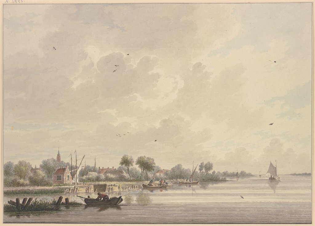 Holländisches Dorf an einem breiten Flusse, der mit mehreren Schiffen belebt ist, rechts auf dem Wasser fliegt ein Vogel, Nicolaas Wicart