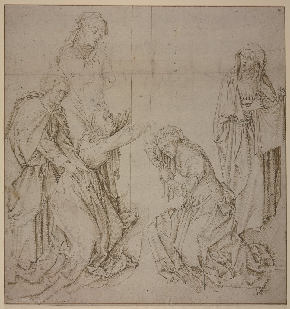 Am Fuße des Kreuzes die beiden Marien, rechts die Heilige Veronika, links Johannes, Rogier van der Weyden;  imitator
