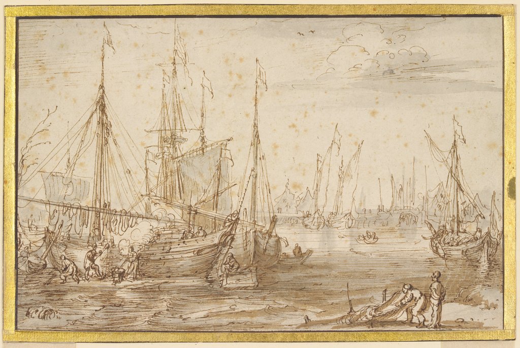 Hafenansicht mit Schiffswerft, Cornelis Claesz. van Wieringen