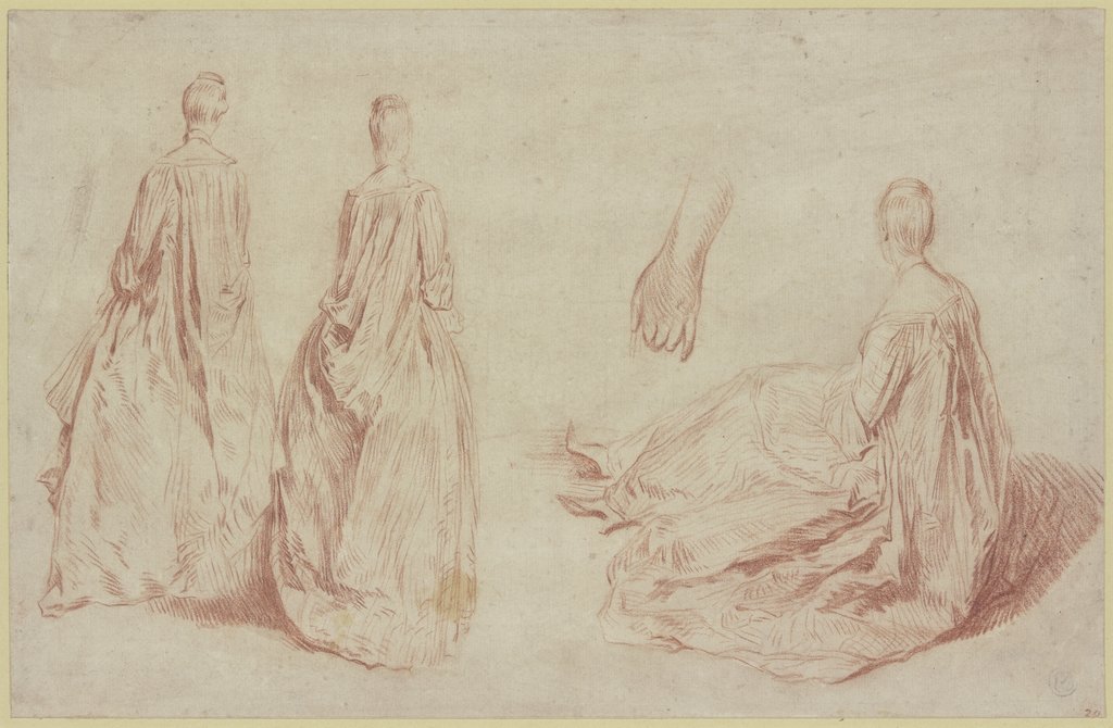 Zwei stehende Damen in Rückansicht, eine Hand und eine sitzende Dame, French, 18th century;   ?, after Jean-Antoine Watteau