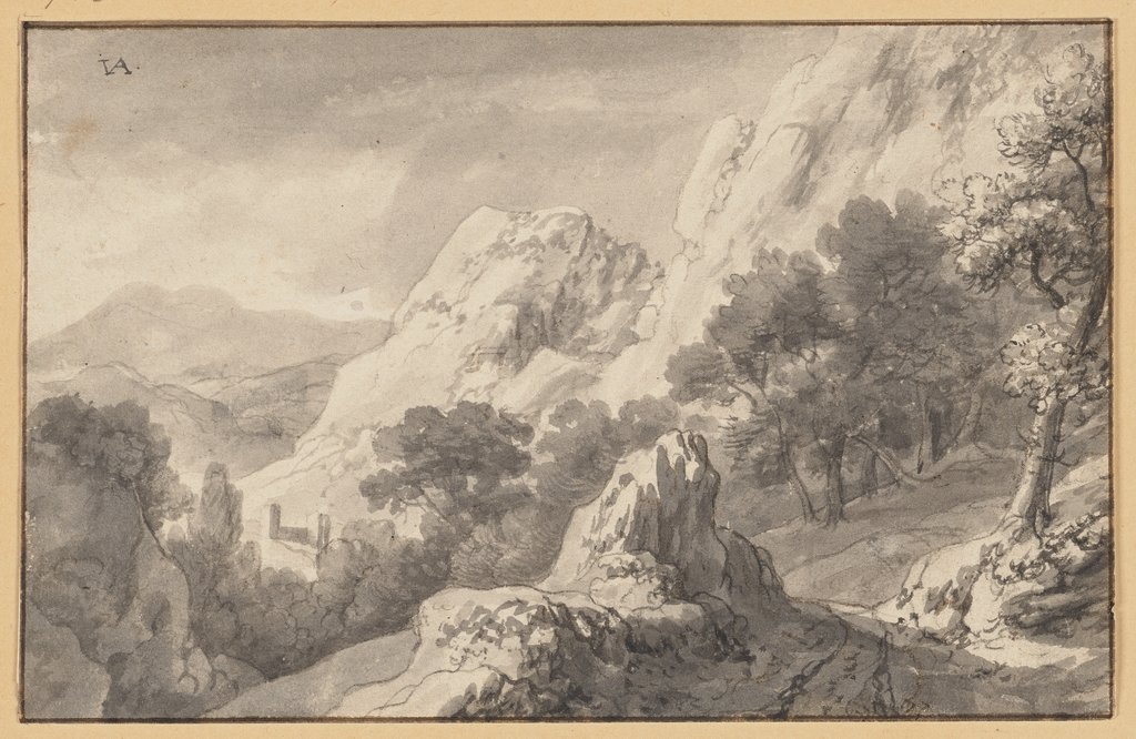 Bergige Landschaft, vorne in der Mitte eine Felspartie, Jan van Aken