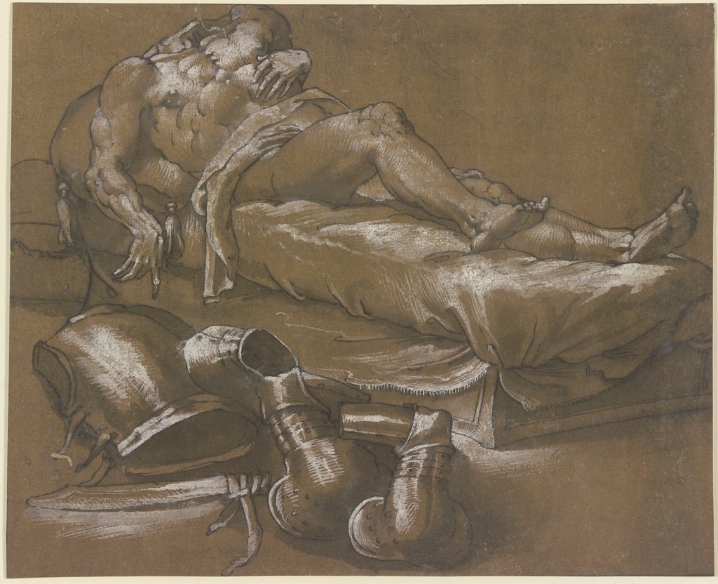 Auf einem Bett liegt ein Leichnam mit abgeschlagenem Kopf, dabei eine Rüstung, Jacopo Ligozzi;   ?