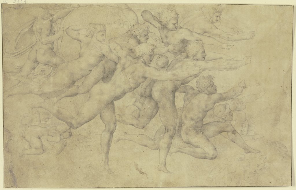 Bogenschützen, auf ein Ziel schießend, unten rechts ein schlafender Cupido, Unknown, 16th century, after Michelangelo Buonarroti
