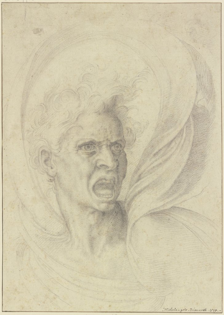 Männlicher Kopf mit aufgerissenem Mund und fliegendem Gewand, Unbekannt, 18. Jahrhundert, nach Michelangelo Buonarroti