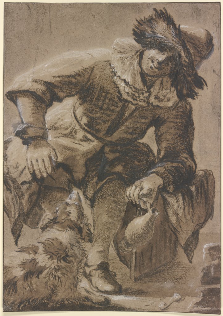Sitzender Mann mit Pelzmütze und Weinkrug, dabei ein Hund, Johannes Vermeer;   ?